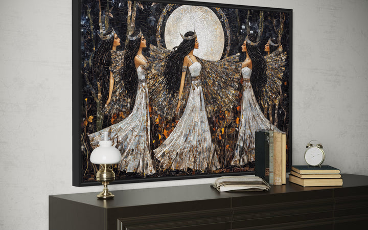 Mosaic-style framed canvas art of five goddesses in white robes dancing under a full moon.