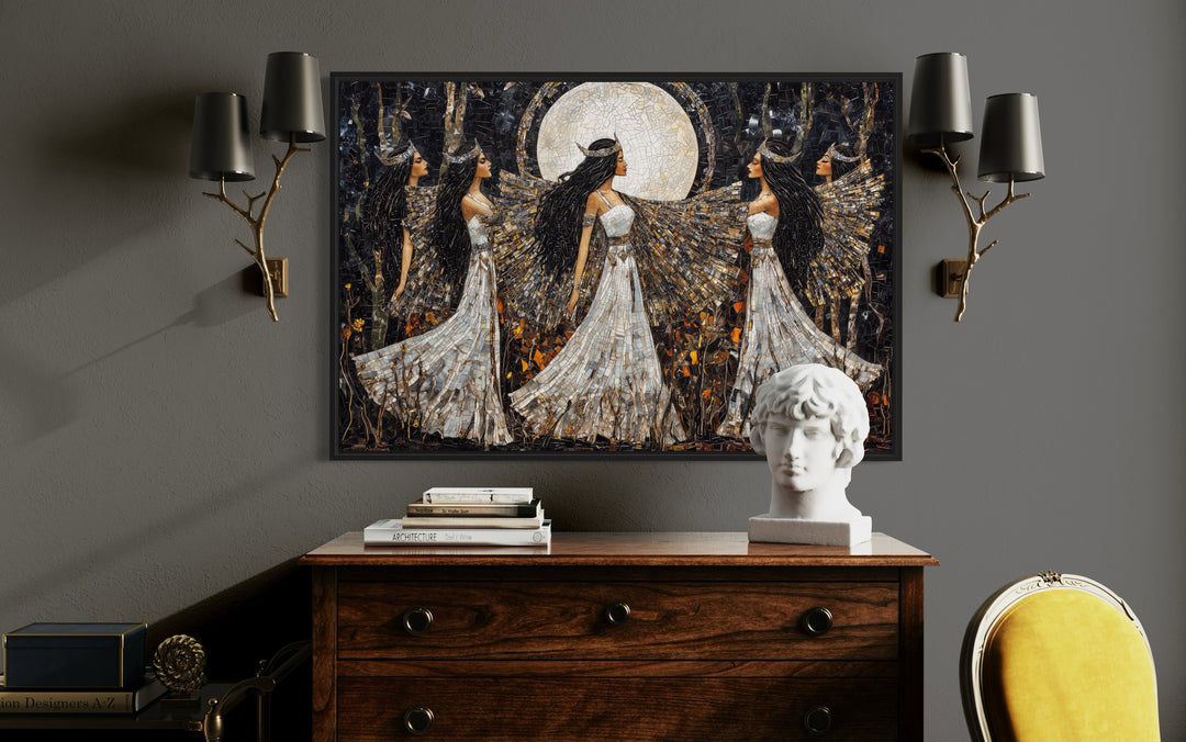 Wiccan Goddesses Dance framed canvas wall art showing three figures under a full moon.