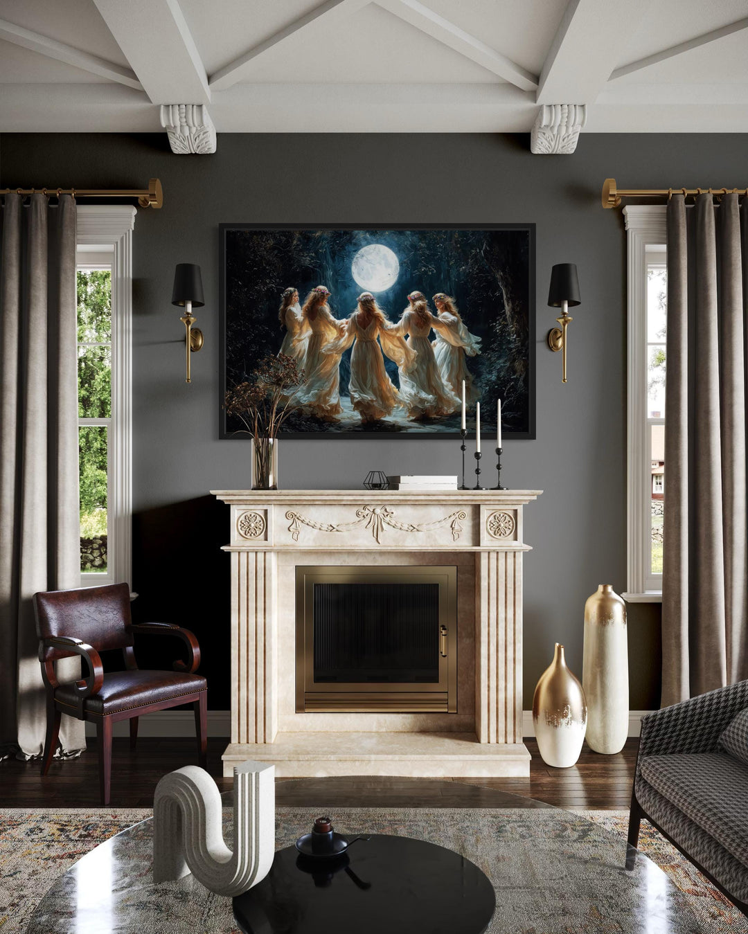 Wiccan Goddesses In The Forest At Full Moon Framed Canvas Wall Art