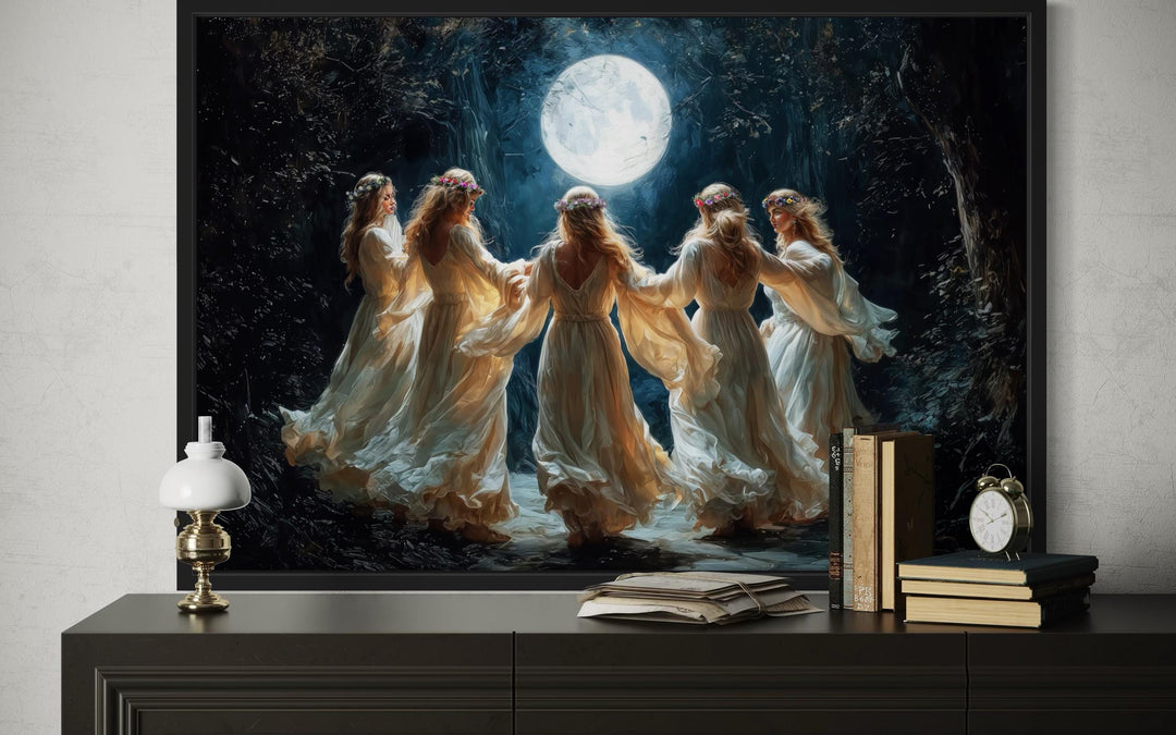 Wiccan Goddesses In The Forest At Full Moon Framed Canvas Wall Art