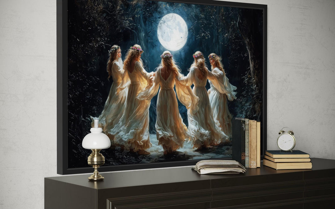Wiccan Goddesses In The Forest At Full Moon Framed Canvas Wall Art