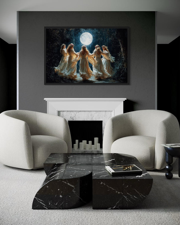 Wiccan Goddesses In The Forest At Full Moon Framed Canvas Wall Art
