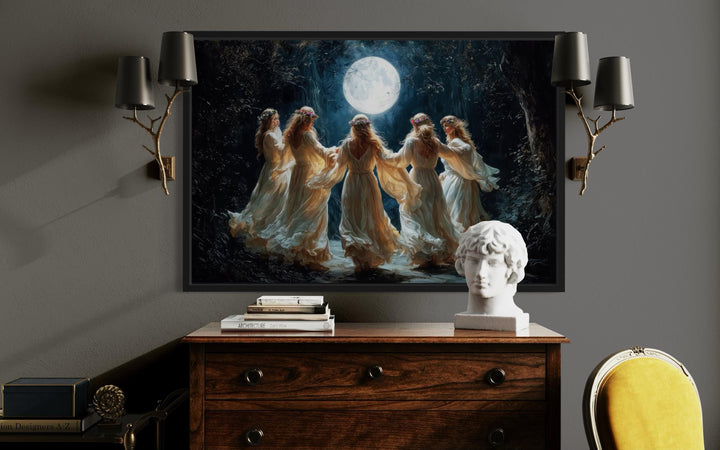 Wiccan Goddesses In The Forest At Full Moon Framed Canvas Wall Art