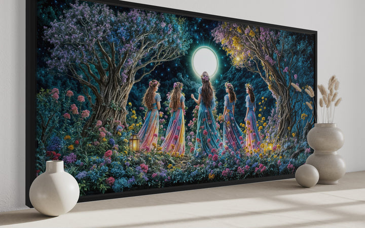 Wiccan Goddesses In The Forest At Full Moon - Pagan Ritual Framed Canvas Wall Art