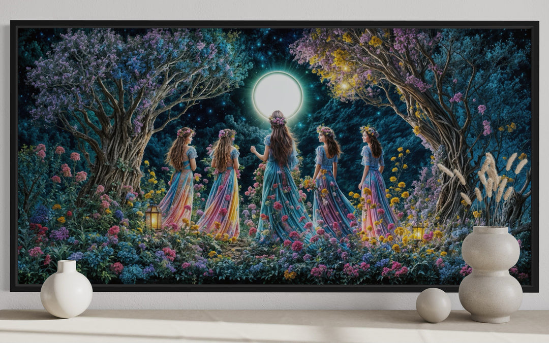 Wiccan Goddesses In The Forest At Full Moon - Pagan Ritual Framed Canvas Wall Art