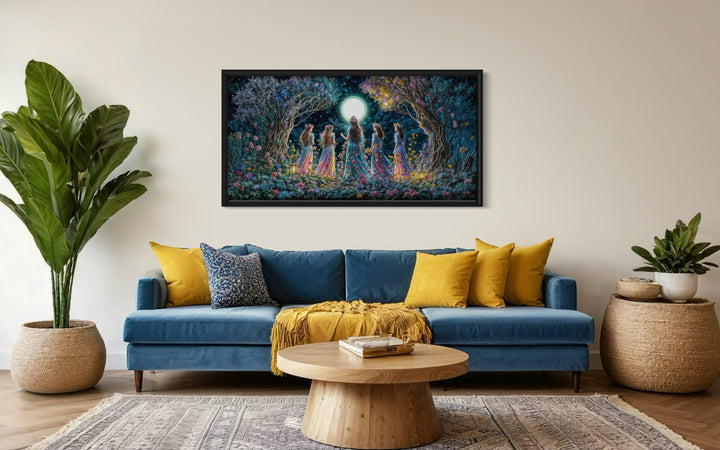 Wiccan Goddesses In The Forest At Full Moon - Pagan Ritual Framed Canvas Wall Art