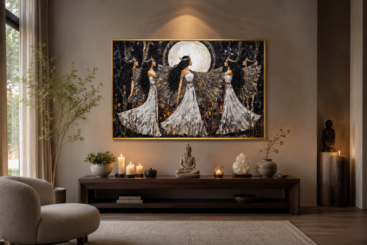 Wiccan Goddesses Dance framed canvas wall art featuring three figures under a full moon.