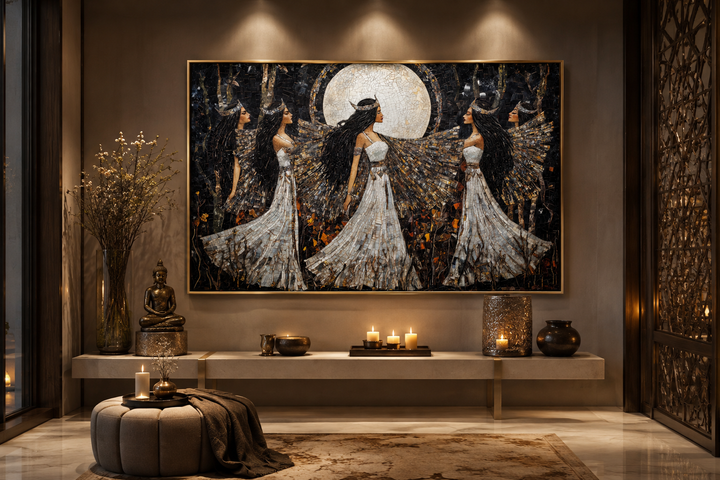 Framed canvas wall art of three goddesses dancing in white robes under a large full moon.
