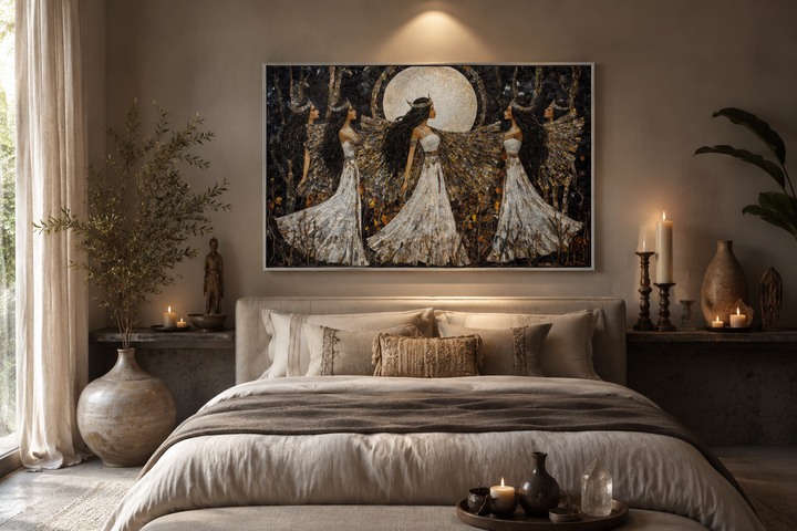 Wiccan Goddesses Dance framed canvas wall art above a bed in a neutral, earthy bedroom.
