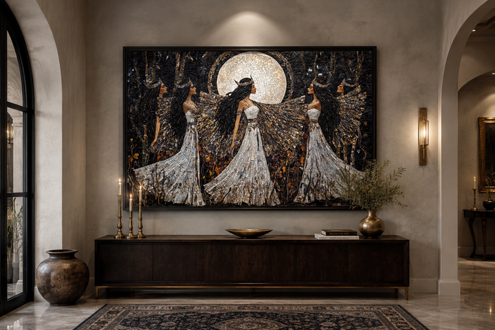 Wiccan goddesses dance under a full moon in this mosaic-style framed canvas wall art.
