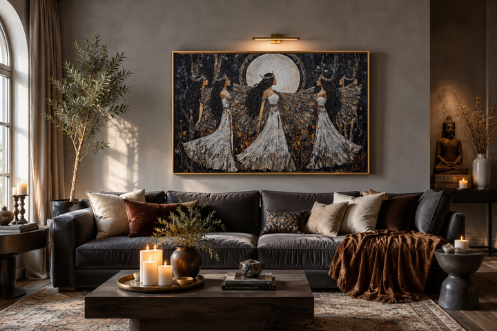 Framed canvas wall art of three Wiccan goddesses dancing under a full moon in a moody living room.