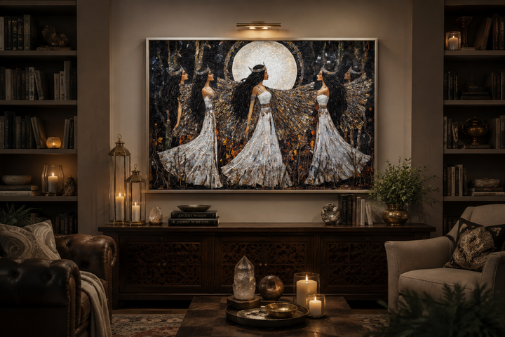 Framed canvas art of three Wiccan goddesses dancing under a full moon in a mosaic style.