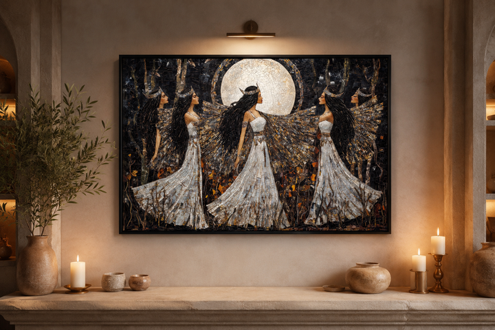 Framed mosaic-style canvas art of three Wiccan goddesses dancing under a full moon above a mantel.