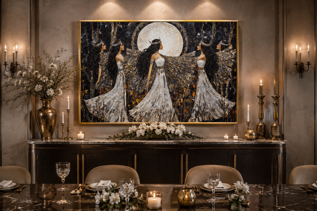 Wiccan Goddesses Dance framed canvas wall art above a sideboard in a candlelit dining room.