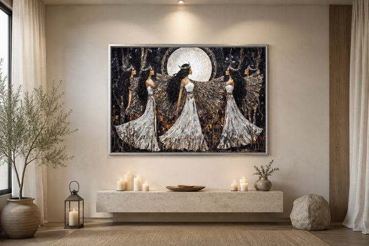 Framed canvas wall art of three Wiccan goddesses dancing under a full moon in a mosaic style.
