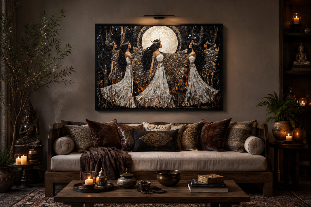 Framed canvas wall art of Wiccan goddesses dancing under a full moon in a dark, moody living room.