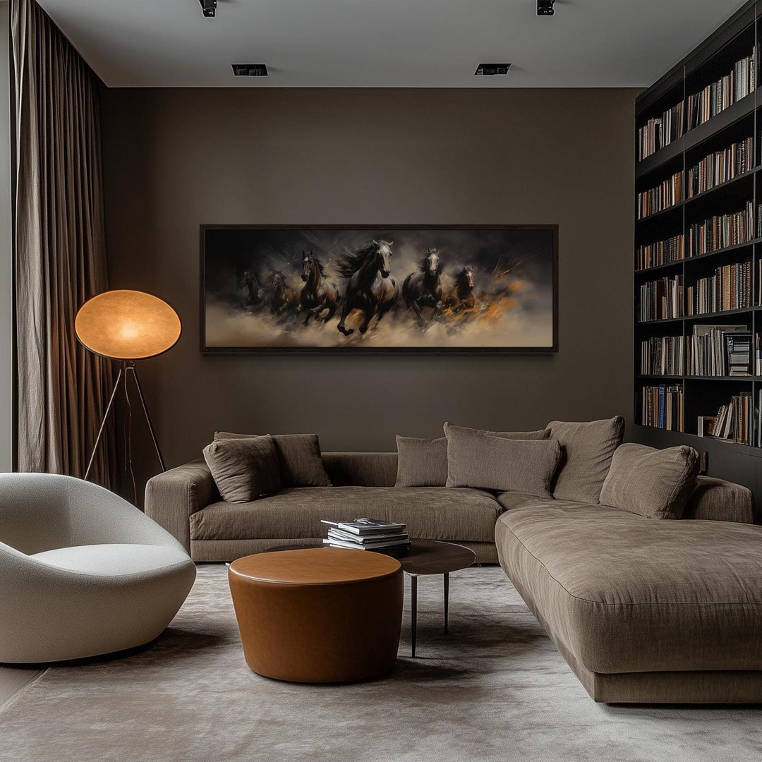 Wild brown galloping horses long horizontal canvas wall art in a modern brown living room.