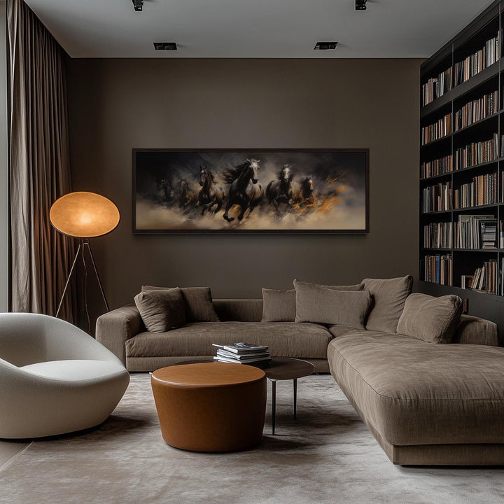 Wild brown galloping horses long horizontal canvas wall art in a modern brown living room.
