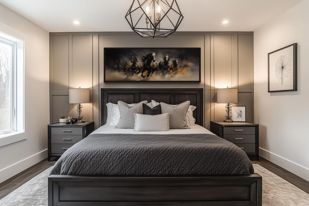 Wild brown galloping horses long horizontal canvas wall art hanging above a dark wood bed frame.