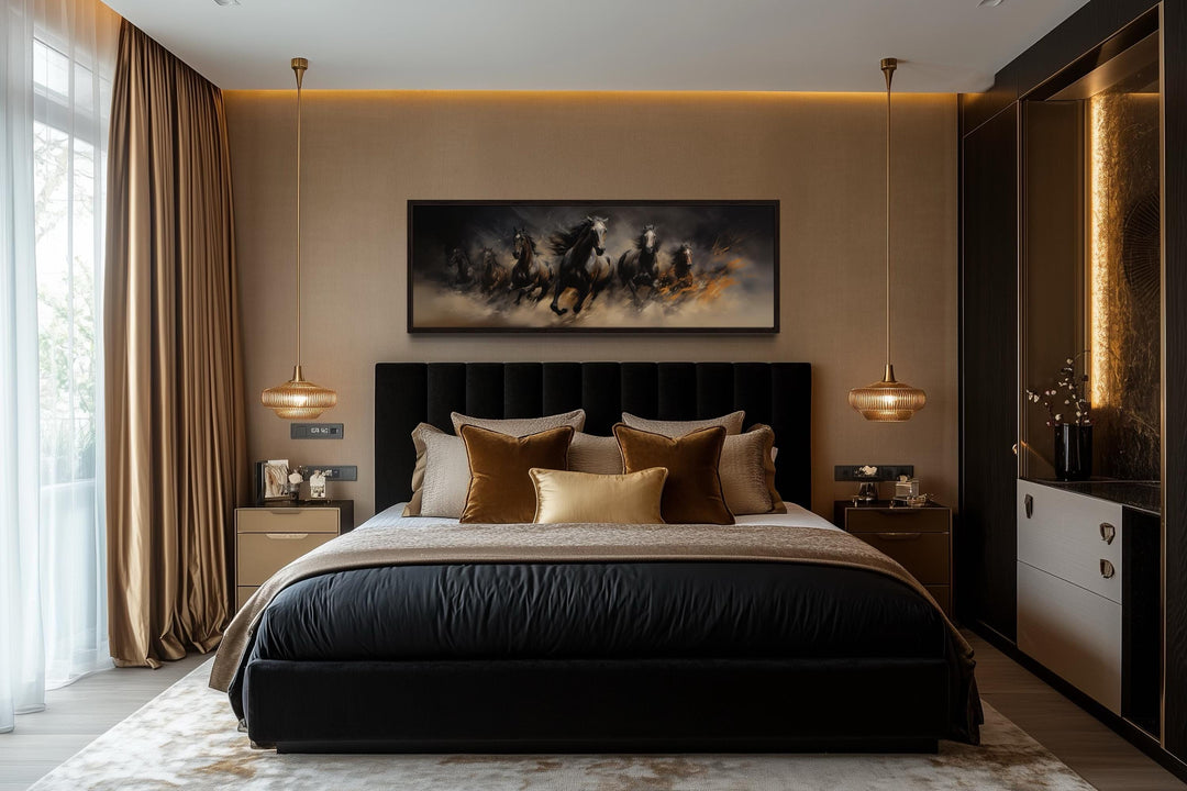 Long horizontal canvas wall art of wild brown galloping horses hanging above a dark modern bed.