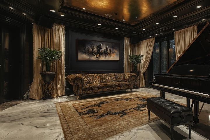 Horizontal canvas wall art of galloping brown horses in a dark, sophisticated room with a piano.
