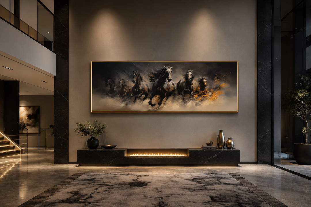 Long horizontal canvas wall art of wild brown galloping horses above a modern fireplace.