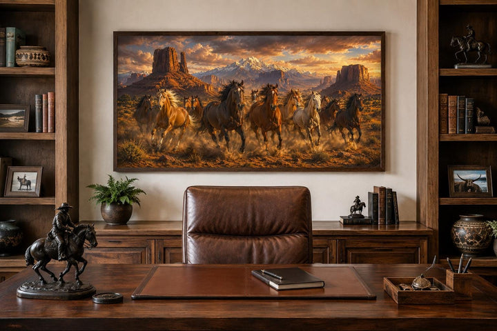 Wild horses running through a desert canyon at sunset with mountains western wall art in an office.