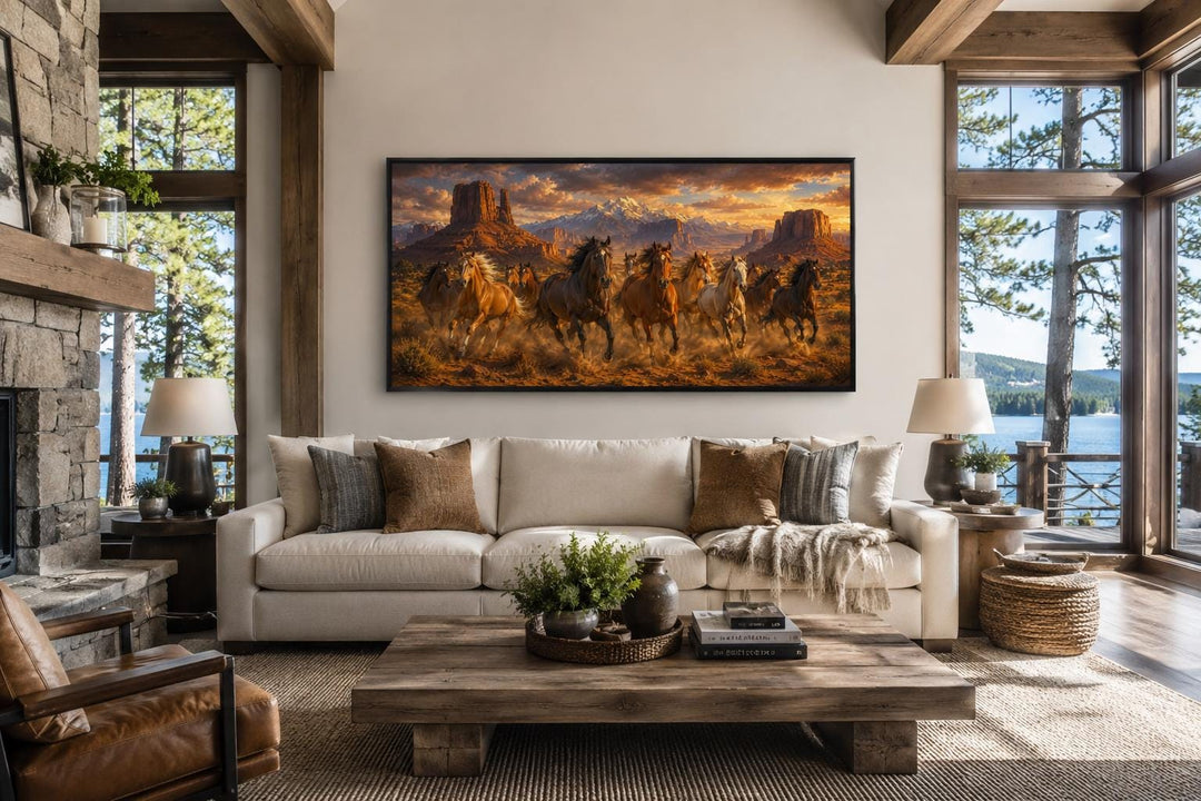 Wild horses running through a desert canyon at sunset, framed canvas art above a living room sofa.