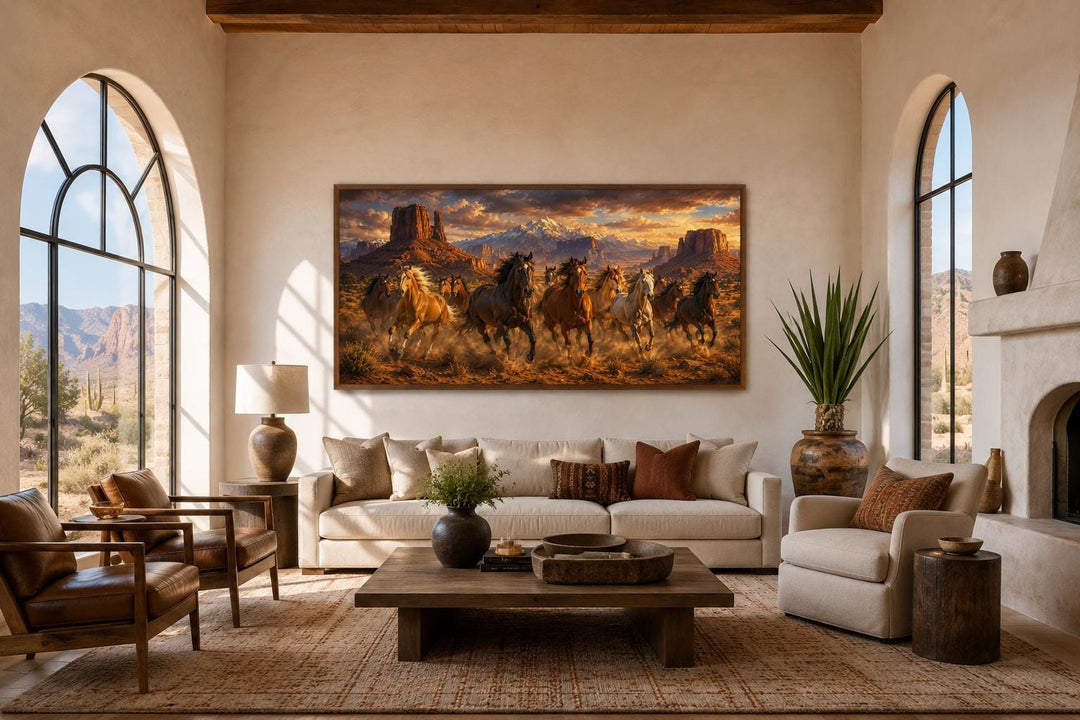 Wild horses running through a desert canyon at sunset with mountains western wall art above a sofa.