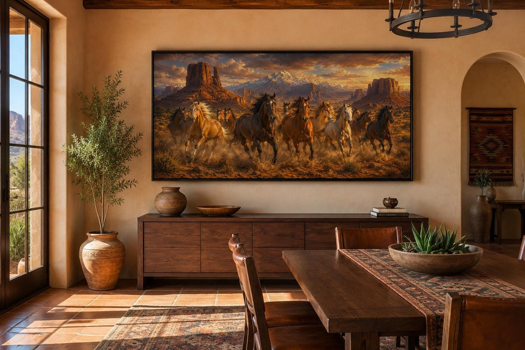 Wild horses running through a desert canyon at sunset with mountains western wall art on a wall.