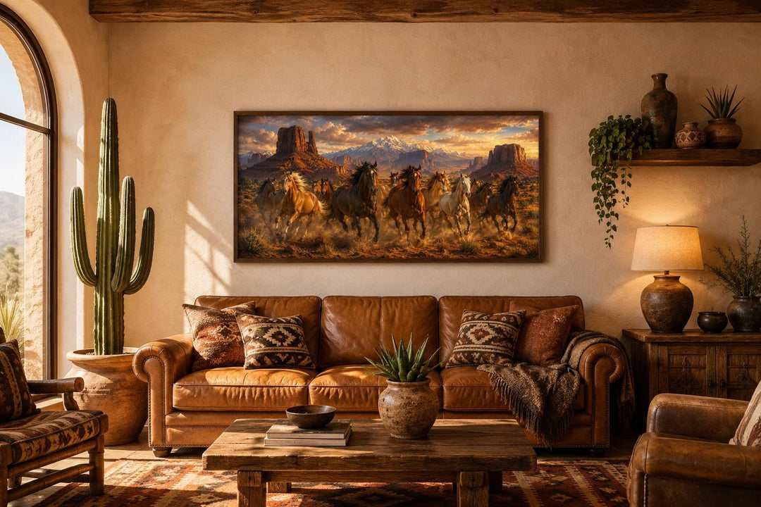 Wild horses running through a desert canyon at sunset, framed western wall art above a leather sofa.