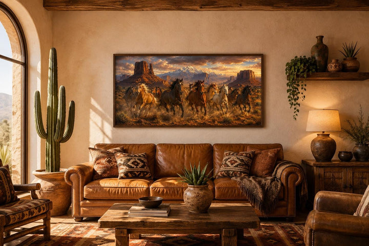 Wild horses running through a desert canyon at sunset, framed western wall art above a leather sofa.