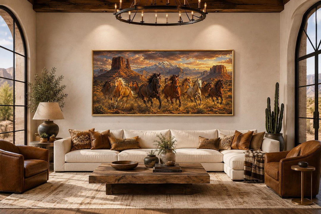 Wild horses running through a desert canyon at sunset, framed western wall art above a white sofa.