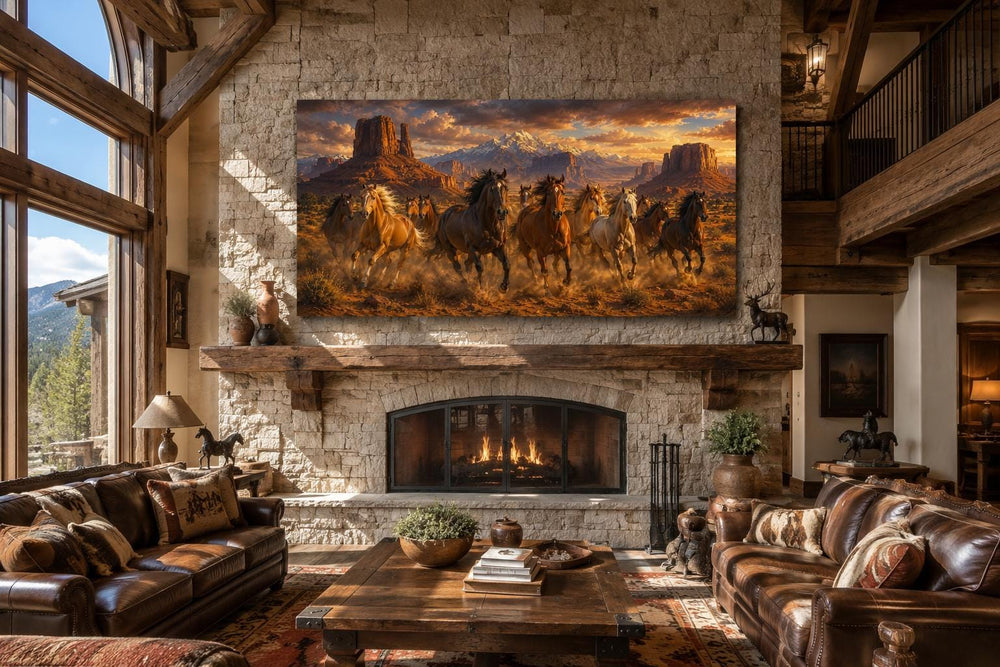 Wild horses running through a desert canyon at sunset, displayed as wall art above a fireplace.