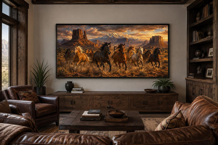 Wild horses running through a desert canyon at sunset, framed western wall art in a rustic room.