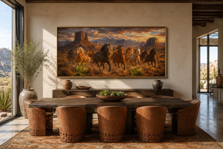 Wild horses running through a desert canyon at sunset, framed western wall art in a dining room.