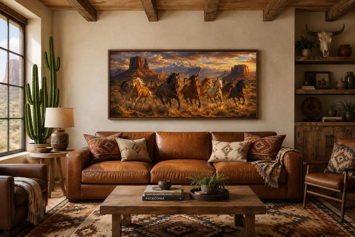 Wild horses running through a desert canyon at sunset, framed Western wall art above a leather sofa.