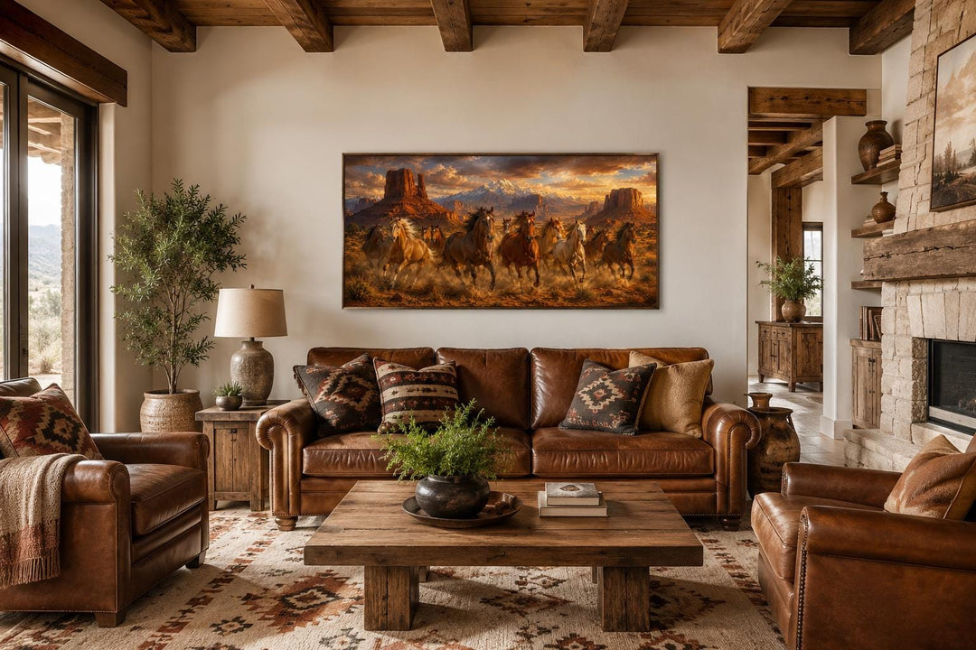 Wild horses running through a desert canyon at sunset canvas wall art above a leather sofa.