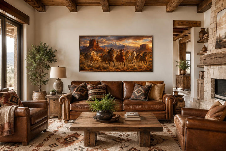 Wild horses running through a desert canyon at sunset canvas wall art above a leather sofa.