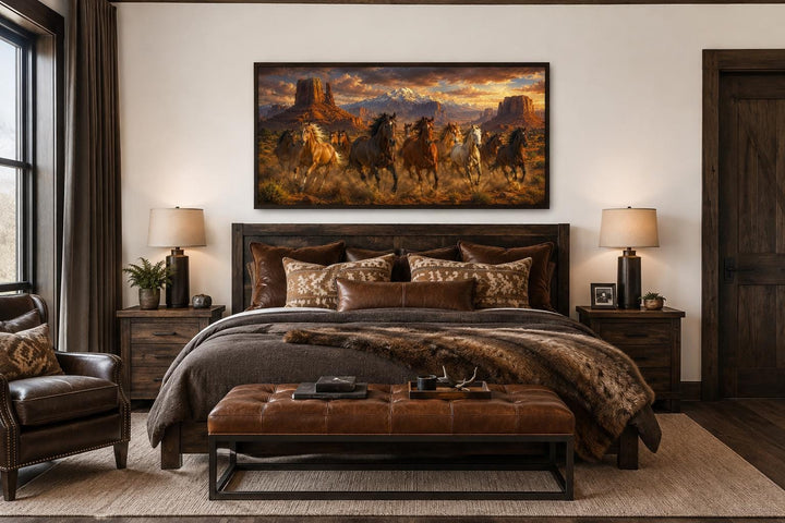 Wild horses running through a desert canyon at sunset canvas wall art above a bed.