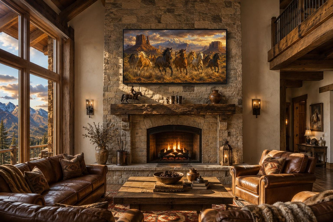 Wild horses running through a desert canyon at sunset wall art above a stone fireplace.