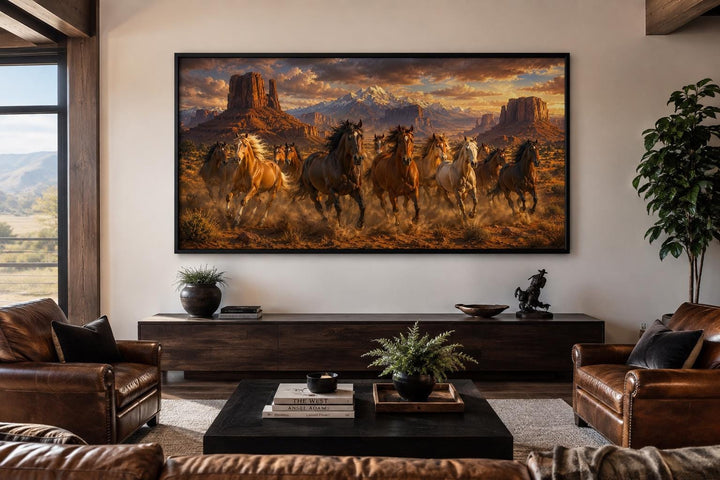 Wild horses running through a desert canyon at sunset, framed western wall art in a living room.