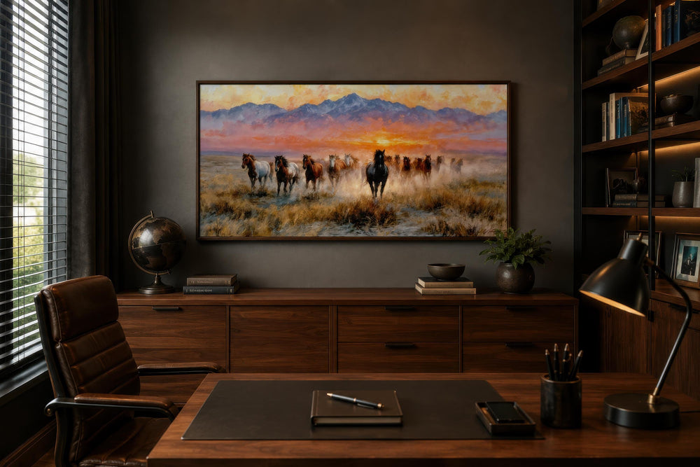Wild Mustang wall art featuring running horses on canvas in a dark, modern office setting.