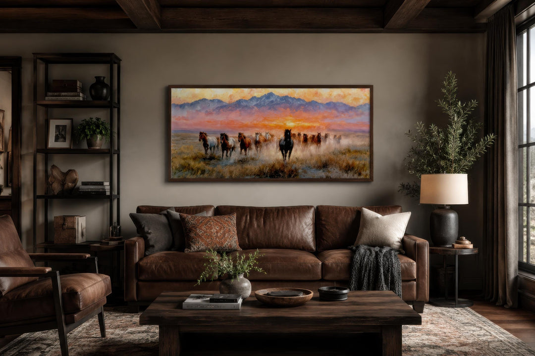 Wild mustang wall art featuring running horses on a canvas print during a western sunset.