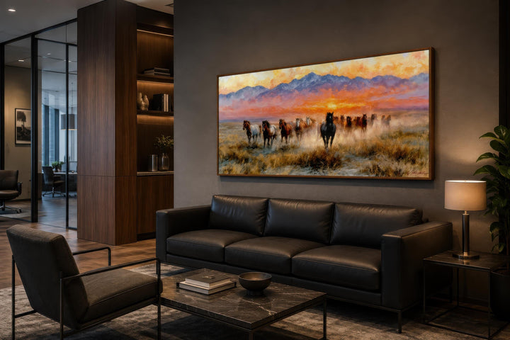 Wild Mustang wall art featuring running horses on a canvas print in a modern living room.