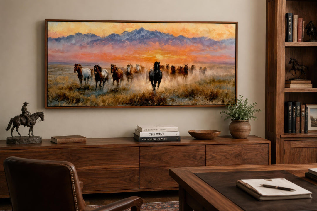 Wild Mustang wall art featuring running horses on a canvas print under a western sunset.
