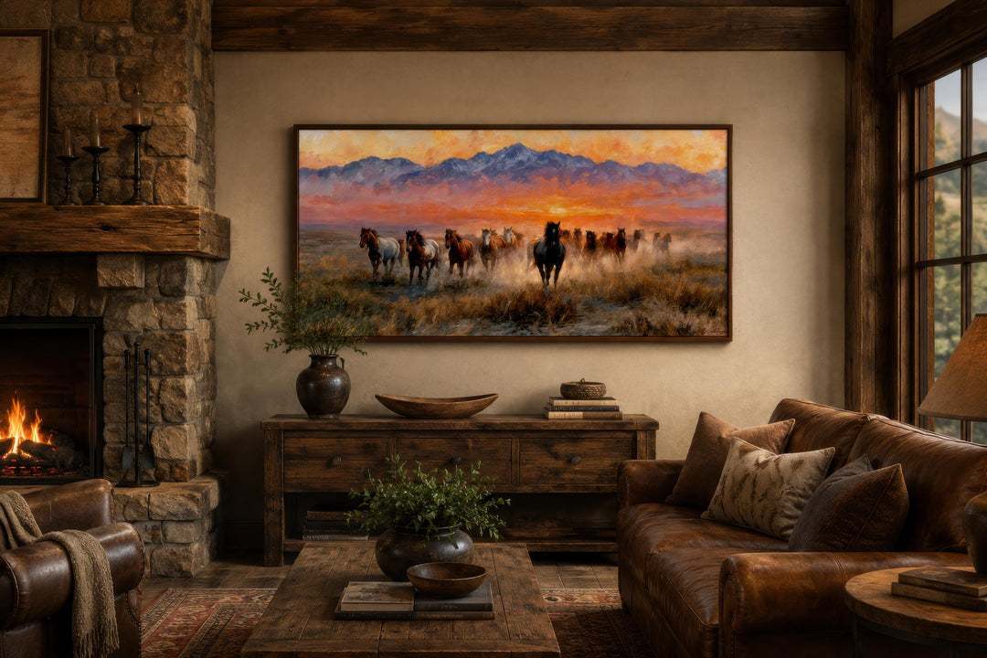 Wild mustang wall art featuring a herd of running horses on canvas in a rustic western living room.