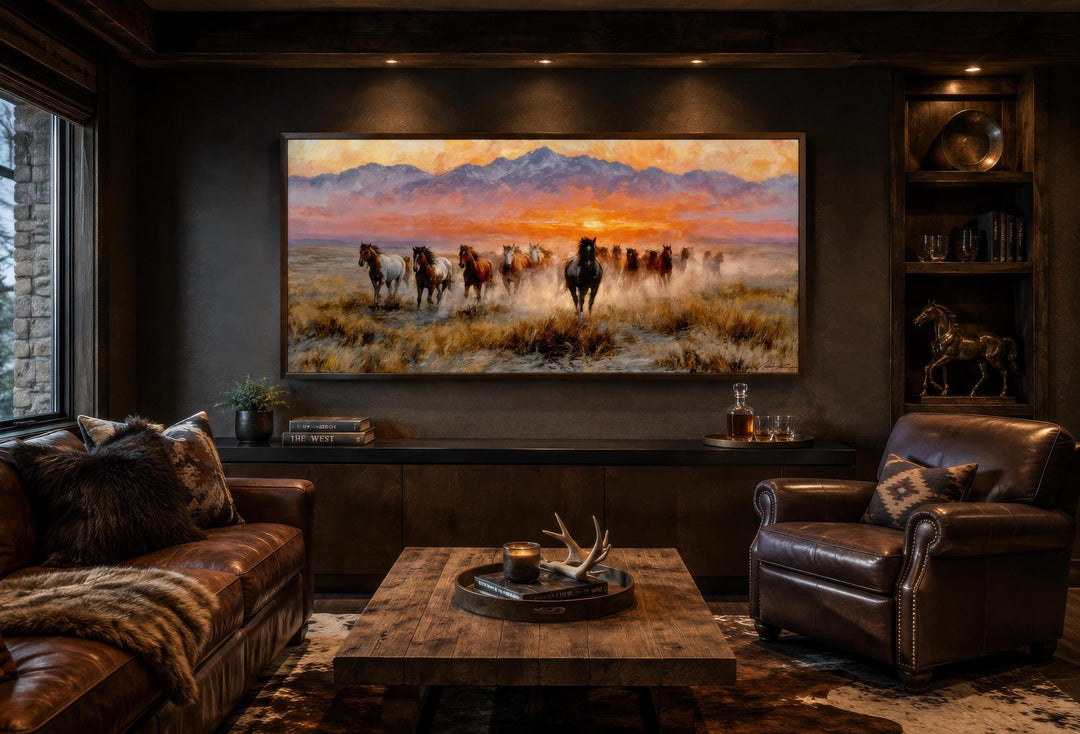 Wild Mustang wall art featuring a herd of horses running across a plain at sunset.