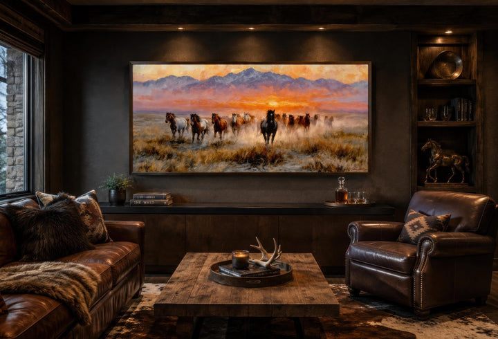 Wild Mustang wall art featuring a herd of horses running across a plain at sunset.