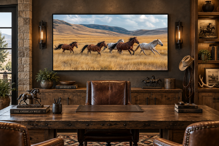 Rustic framed wall art of wild horses galloping across a golden field in a home office setting.